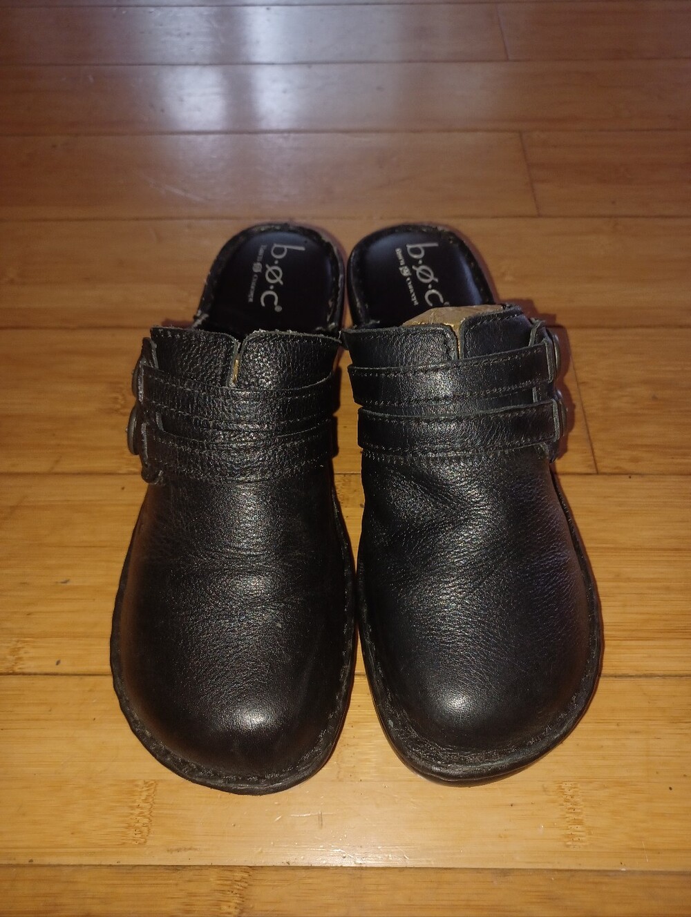b.o.c. Black Leather Slip-On Clogs with Double Buckle Strap